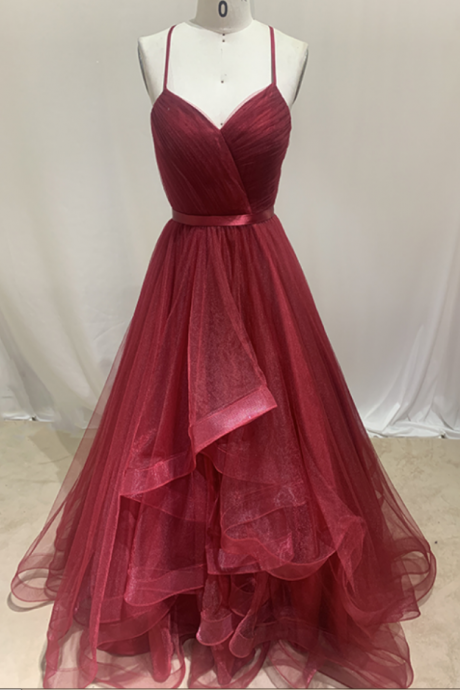 Prom Dresses,celebrity Party Dresses, Burgundy Tulle Ball Gown, Elegant Formal Dress For Women