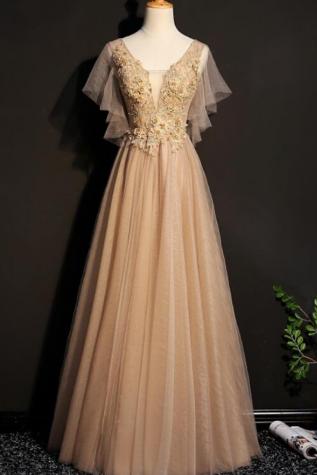 Prom Dresses,champagne Tulle Long Bridesmaid Dresses, Long Formal Dresses, Long Party Dresses