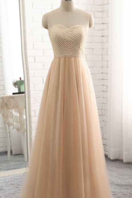 Prom Dresses,bridesmaid Dresses, Champagne Tulle Long Prom Dresses , Beaded Party Dresses, Formal Dresses