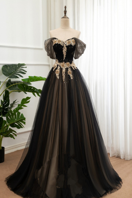 Prom Dresses,party Evening Dresses, Black And Champagne Strapless Long Formal Dresses, A-line Prom Dresses