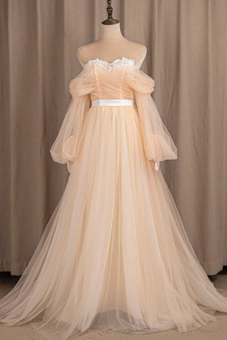 Prom Dresses,a-line Version Of The Long Dress, Fairy Tale Off-shoulder Champagne Puffy Sleeve Long Dress Party Dress