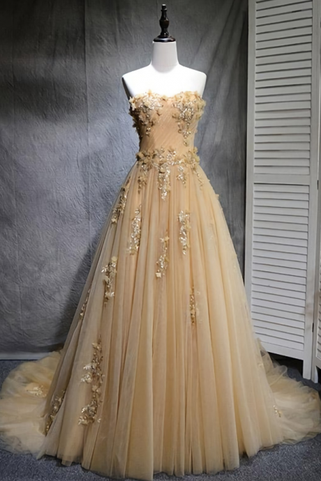 Prom Dresses,champagne Tulle Long Prom Dress, Applique Tulle Evening Dress, Dressy Long Dress
