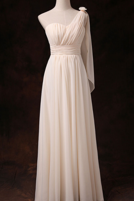 Prom Dresses, Chiffon Bridesmaid Long Dress, High Quality One Shoulder Champagne Party Dress