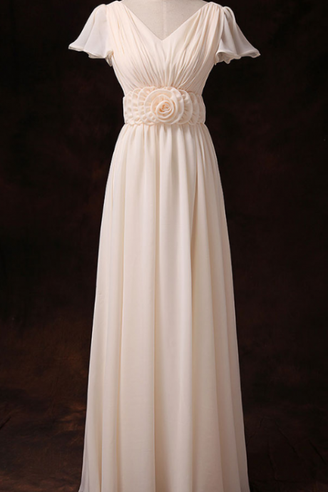 Prom Dresses,chiffon V-neck Short-sleeved Long Dress, Bridesmaid Dresses, Gentle Ladies Long Dress
