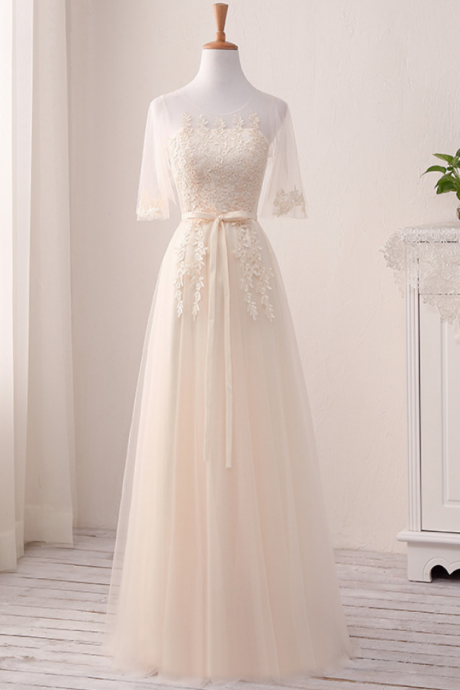 Prom Dresses,long Formal Gown ，beautiful Champagne Tulle A-line Party Dress With Lace