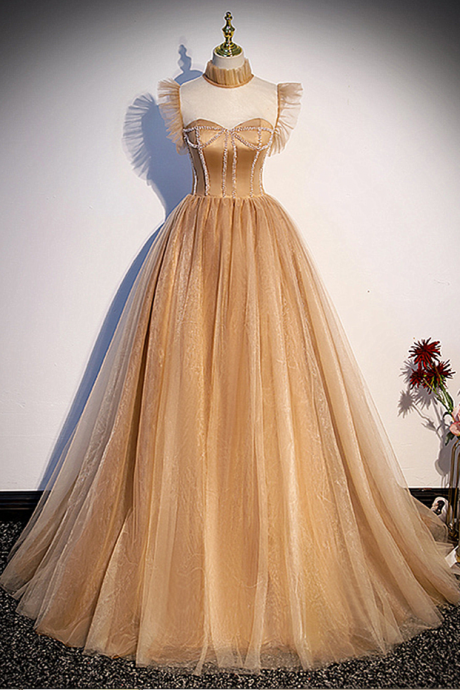 Prom Dresses,bar Mitzvah Party Dress, Lovely Tulle Beaded Long Sweet Formal Dress, Champagne Party Dress