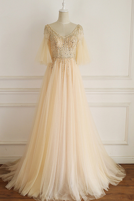 Prom Dresses,a-line Type V-neck Dress, Champagne Tulle Mid-length Sleeve Prom Dress, Party Dress With Sequins