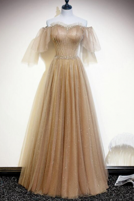 Prom Dresses,shiny Tulle Long Gown, Lovely Strapless Light Champagne Color Long Dress, Host Long Dress