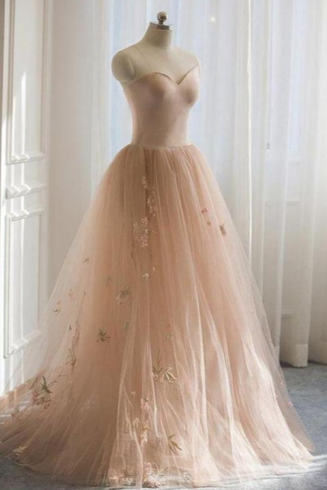 Prom Dresses,champagne Lace Sweetheart Tulle A-line Long Formal Dress With Floor-length Skirt