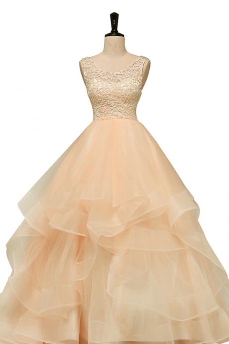 Prom Dresses,lovely Light Champagne Lace And Tulle Long Formal Dress, Layers Sweet Dress