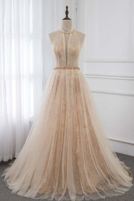 Prom Dresses,celebrity Party Dress, Champagne Embroidered Evening Long High Neck Tulle Formal Prom Dress