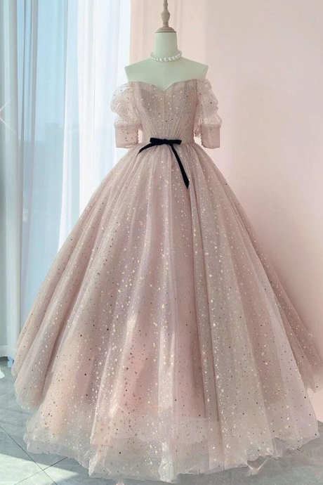 Prom Dresses,birthday Party Dress, Champagne Pink Tulle Mid-sleeve Long Strapless Prom Dress