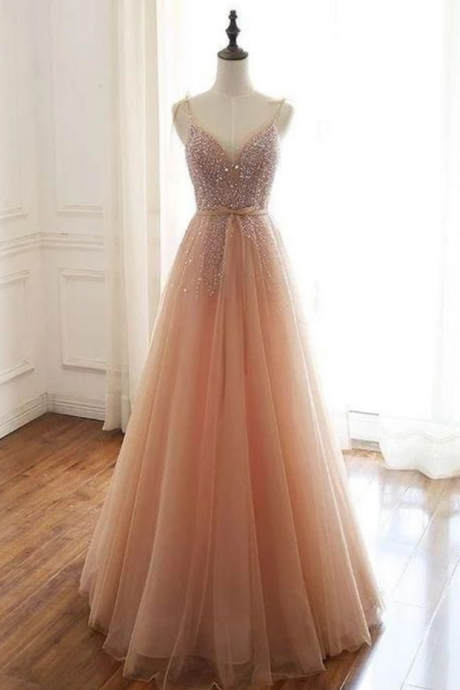 Prom Dresses,spaghetti Straps Evening Dress，champagne Party Dress Tulle Beads Sequin Long Prom Dress