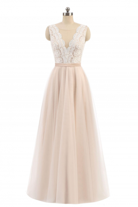 Prom Dresses,light Champagne Color A-line V-neck Sleeveless Tulle Long Prom Dresses, Bridesmaid Dresses