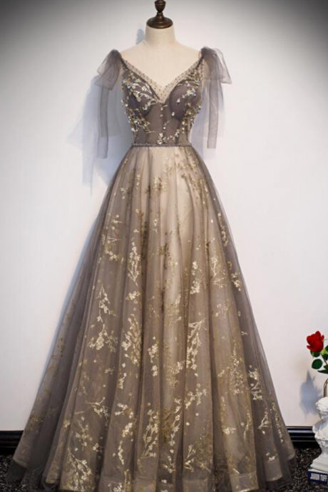 Prom Dresses,exquisite Evening Dresses, Champagne Lace A-line V-neck Long Party Dresses Prom Dresses