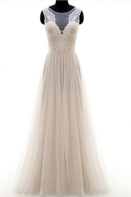 Prom Dresses,light Champagne Tulle Long Lace Round Neck A Line Custom-size Prom Dress Evening Dress