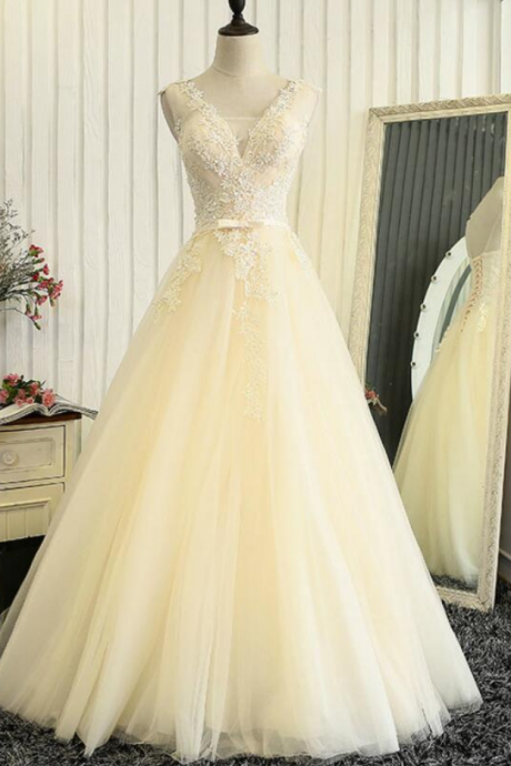 Prom Dresses,lovely Light Champagne Tulle Long Lace Prom Dresses, Birthday Party Dresses, Formal Dresses