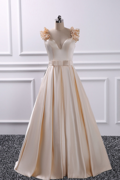Prom Dresses,elegant Evening Formal Dresses, Champagne Prom Dresses Long Elegant Satin Floral Evening Dresses