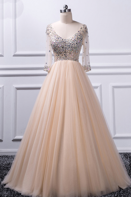 Prom Dresses,long V-neck Tulle Prom Dress, A-line Champagne Prom Dress With Sleeves, Sparkling Evening Dress With Beads