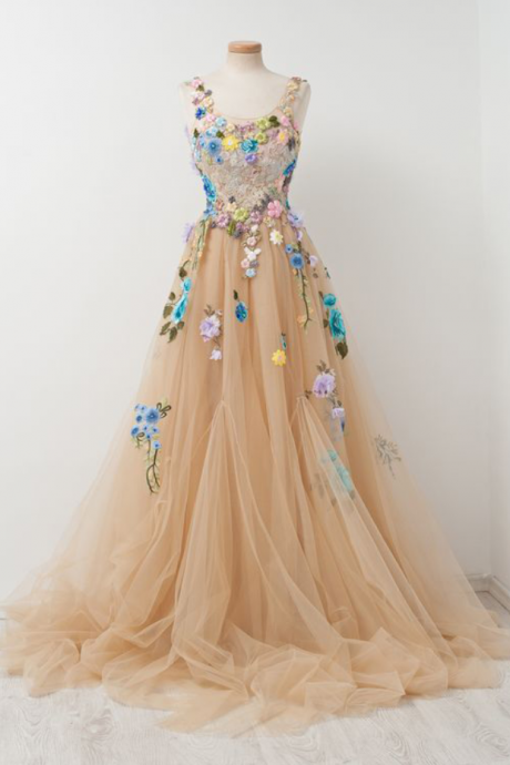 Prom Dresses,champagne A-line Sleeveless Tulle Ball Gown With Embroidery, Applique Fairy Dress, Formal Dress
