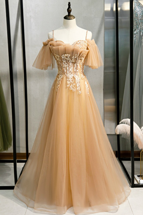 Prom Dresses,sweet And Lovely Champagne Tulle Spaghetti Straps Beaded Prom Dress