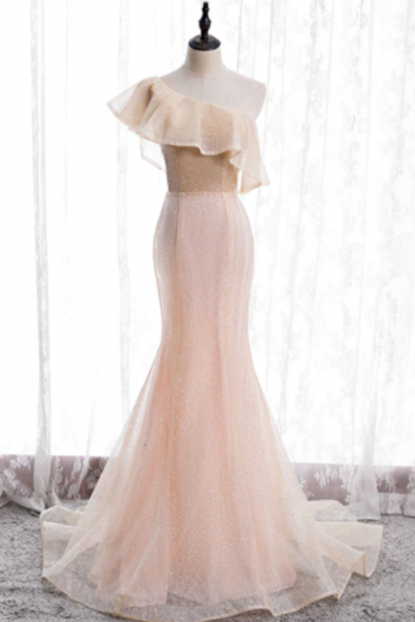 Prom Dresses,champagne Color Mermaid Sequin One Shoulder Prom Dress. Host Dresses, Cocktail Dresses