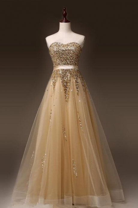 Prom Dresses,long Elegant Evening Gowns，tulle Sweetheart Champagne Prom Dressses With Gold Stones