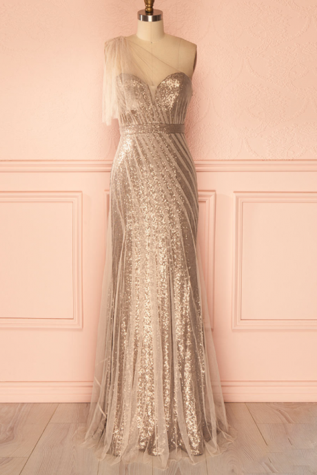 Prom Dresses,sparkling Prom Dresses,champagne Long Evening One Shoulder Sequins Tulle Women&amp;#039;s,formal Party Dresses