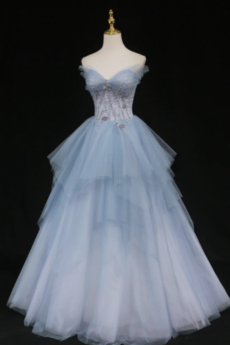 Prom Dresses,blue Long Formal Graduation Dress, Blue Strapless Heart Neck Tulle Long Prom Dress