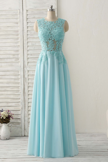 Prom Dresses,bridesmaid Dresses, Blue Round Neck Lace Chiffon Long Prom Dresses, Blue Long Formal Dresses