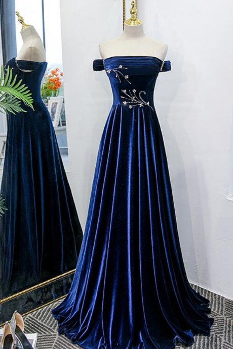 Prom Dresses,party Event Long Dresses,blue Velvet Beaded Elegant Strapless Evening Dresses,blue Long Prom Dresses Party Dresses