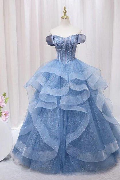 Prom Dresses,tulle Dinner Dress, Blue Beaded Strapless Tulle Long Formal Dress