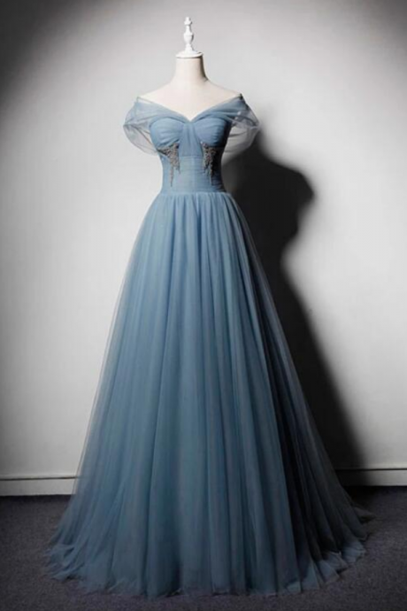 Prom Dresses,blue Tulle Strapless Long Prom Dress, Blue Tulle Evening Dress