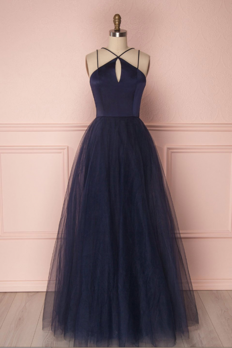 Prom Dresses,simple Navy Blue Tulle Long Prom Dress With Spaghetti Straps Backless Dress