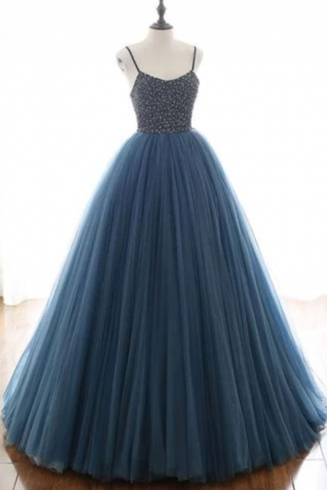 Prom Dresses,blue Spaghetti Strap Tulle Dresses, Cocktail Dresses, Stage Dresses