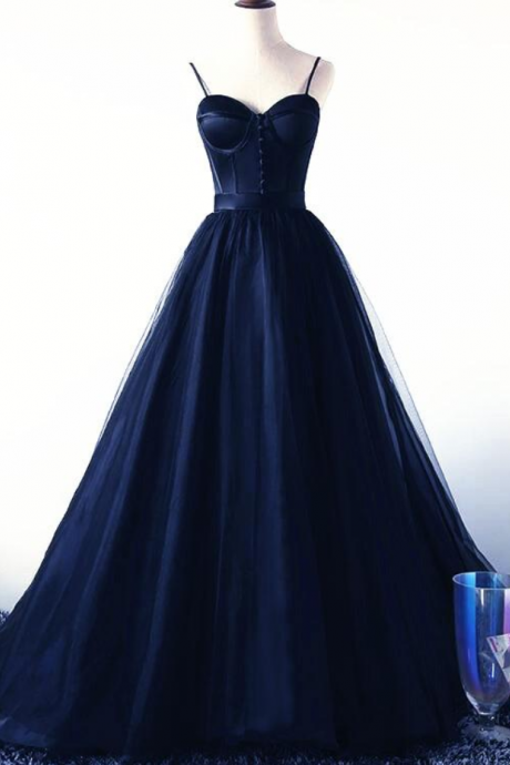 Prom Dresses,holiday Celebration Dresses, Glamorous Navy Blue Tulle And Ribbon Long Party Dresses, Navy Blue Prom Dresses