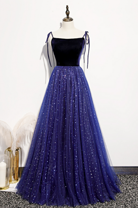Prom Dresses,sweet And Lively Girls Long Dress, Blue Tulle And Velvet Straps Long Party Dress