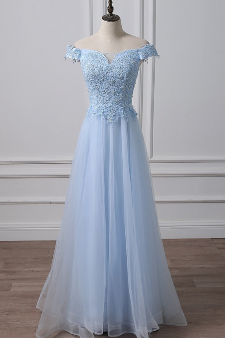 Prom Dresses,blue Tulle Lace Strapless Long Prom Dresses, Bridesmaid Dresses, Host Dresses