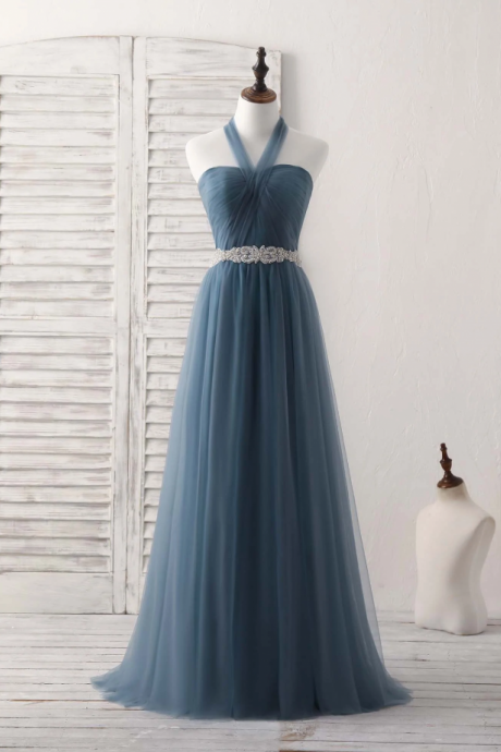 Prom Dresses,a-line Gray Blue Tulle Long Bridesmaid Dresses Friends Party Dresses