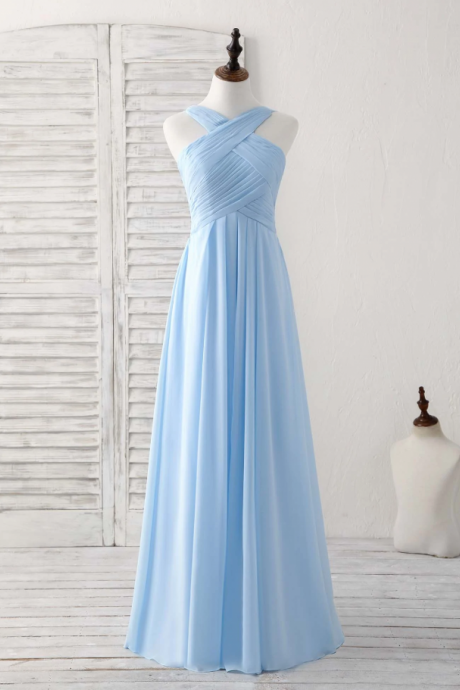 Prom Dresses,women's Dresses, Blue Bridesmaid Dresses, Simple V-neck Chiffon Blue Long Dress