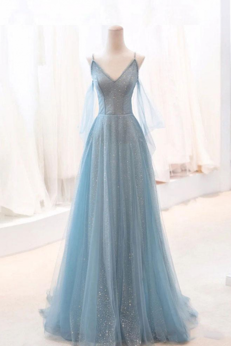 Prom Dresses,grey Blue V-neck Tulle Sequin Long Prom Dress, Blue Evening Gown