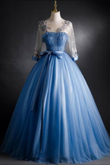 Prom Dresses,noble And Famous Blue Tulle Dinner Dress, A-line Version Exquisite Applique Bar Mitzvah Dress, Stage Dress