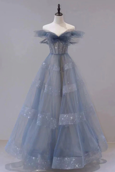 Prom Dresses,sweet And Lovely Blue Tulle Maxi Dress Starlight Concert Maxi Dress