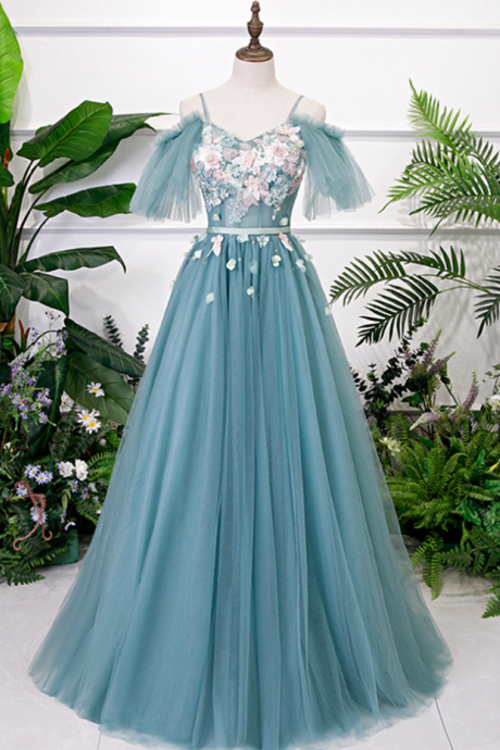 Prom Dresses,v-neck Tulle Applique Dress Sweetheart Princess Birthday Dress Exquisite Date Long Dress