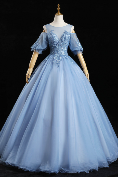 Prom Dresses,blue Tulle Mid-sleeve Applique Feast Dress Concert Dress Stage Dress
