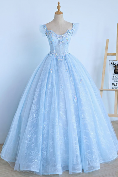 Prom Dresses,light Blue Lace Cap Sleeve Long Sweet Princess Prom Dress, Evening Dress
