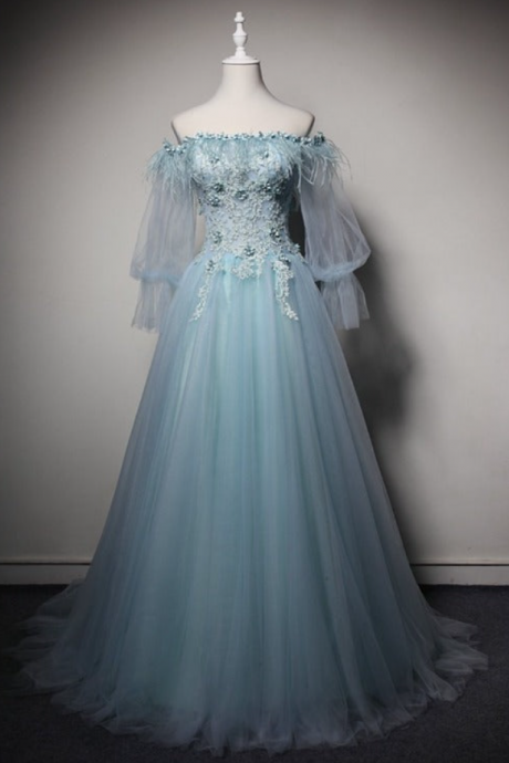 Prom Dresses,light Blue Off Shoulder Long Sleeves Tulle Party Dress With Lace A-line Blue Formal Dresses