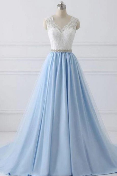 Prom Dresses,a-line Version Of White Lace And Blue Satin Tulle Splicing Long Dress Dinner Party Dress