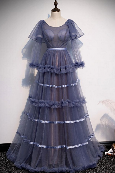 Prom Dresses,high Waist Good Figure A-line Version Of The Long Dress Blue Long-sleeved Sarong Evening Dress Concert Dresses