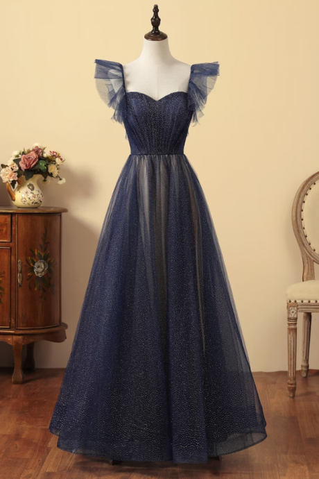 Prom Dresses,dotted Starlight Radiant Into The Sea Navy Blue Fly Fly Sleeve Tulle Long Dress, A-line Tulle Formal Dress Women&amp;#039;s